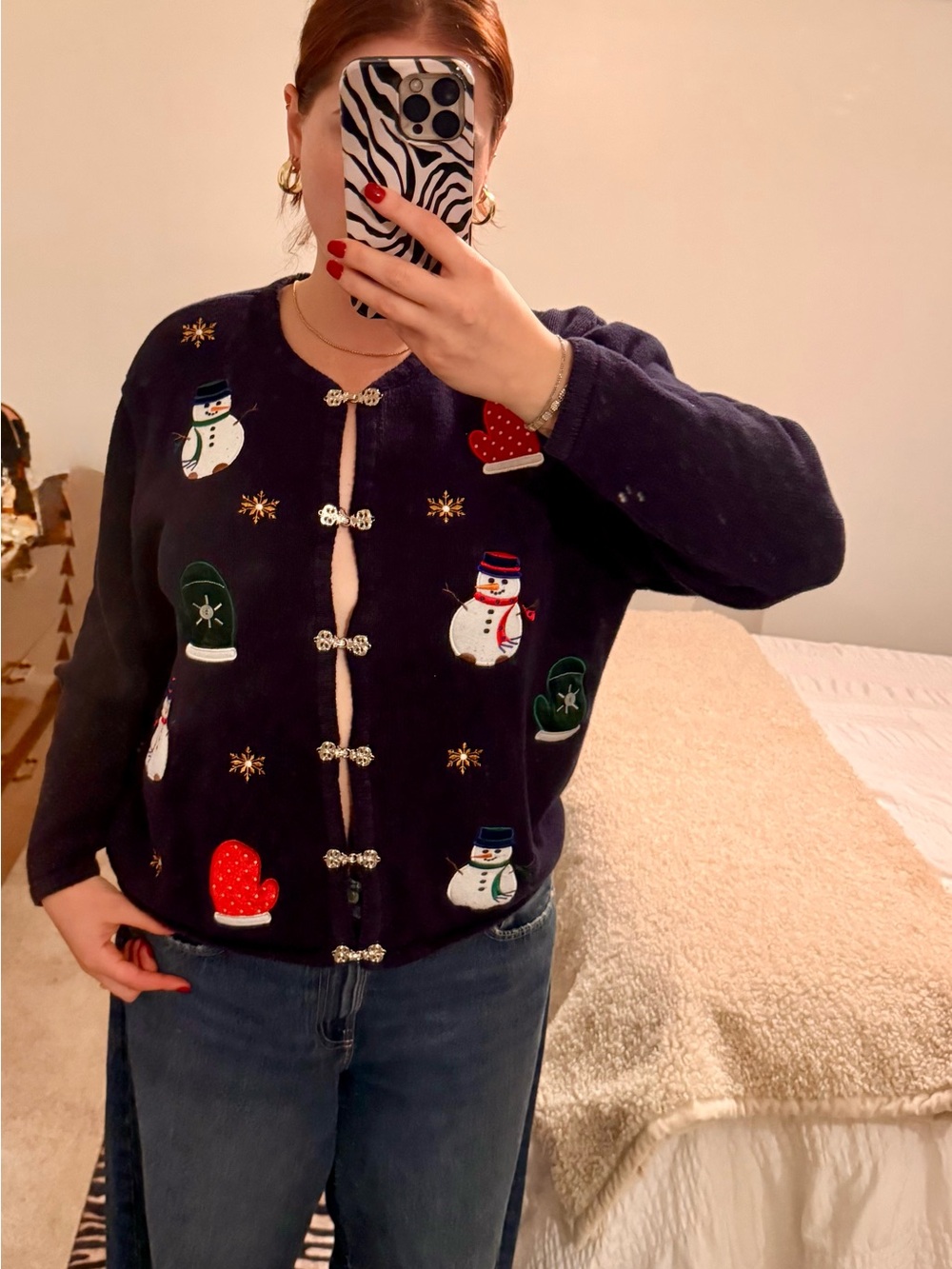 Vintage Navy Embroidered Snowman & Mitten Cardigan Sweater